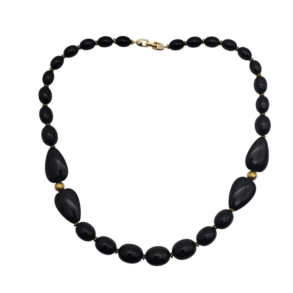 Napier Black & Gold Beaded Necklace Acrylic Graduated‎ Barrel Beads MCM 1960s - Picture 3 of 10